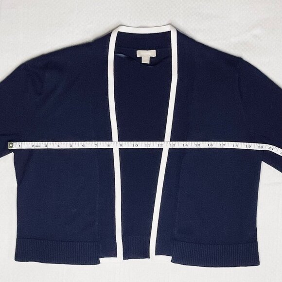 Pointelle Navy Cropped Open-Front Cardigan with White Trim | Size Medium - Picture 5 of 7